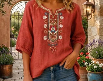 Embroidered Linen Cotton Women’s Blouse – Floral Boho Top
