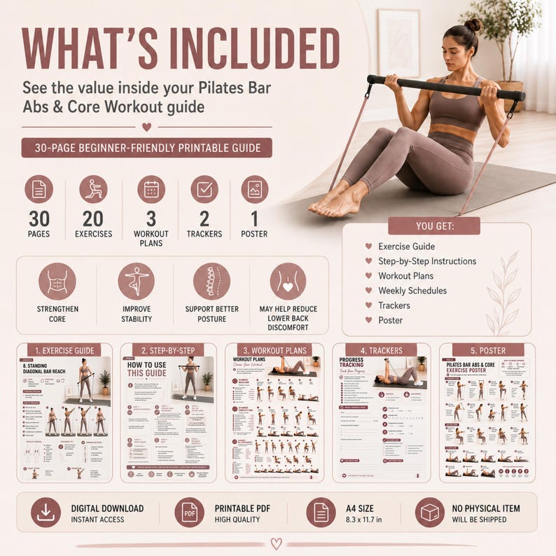 Pilates Bar Workout for Abs &amp; Core, 20 Exercises, 30 Day Home Workout Guide, Printable PDF - Etsy UK
