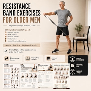 May include: A digital workout guide titled Resistance Band Exercises for Older Men, featuring a person using a black resistance band. The document includes 20 exercises, step-by-step guidance, progress tracking, and printable PDF download icons.