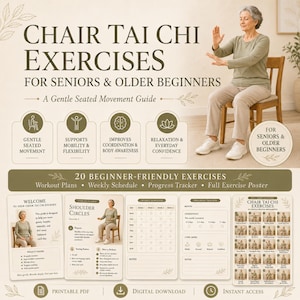 May include: A digital guide titled Chair Tai Chi Exercises for Seniors & Older Beginners featuring a seated person performing movements, icons for mobility and relaxation, a weekly schedule, a progress tracker, and a full exercise poster.