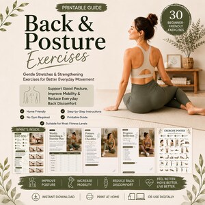 Peut inclure: Un guide imprimable intitulé Back & Posture Exercises proposant 30 exercices pour débutants. Le document comprend un plan d'étirements hebdomadaire, une liste de contrôle des habitudes posturales, une fiche de suivi et une affiche d'exercices.