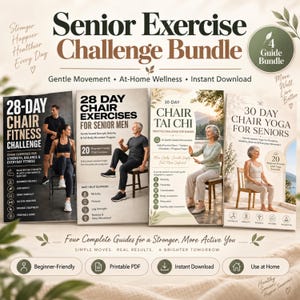 May include: A Senior Exercise Challenge Bundle featuring four digital guides: 28-Day Chair Fitness Challenge, 28 Day Chair Exercises for Senior Men, 30-Day Chair Tai Chi, and 30 Day Chair Yoga for Seniors, all designed for gentle at-home movement.