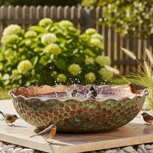 May include: A round, scalloped-edge bird bath with a hammered copper and green patina finish. The bowl is filled with water, featuring active splashing and several small birds perched on the rim and the square stone base beneath the basin.