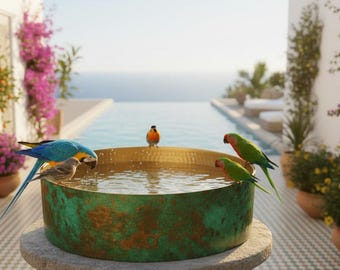 Marokkanisches Vogelbad aus Kupfer mit Sockel | Vogelbad aus gehämmertem Kupfer mit Patina und Grünspan | Gartenvogelbad mit Ständer | Vogelbad für den Außenbereich | Luxuriöses Gartenvogelbad