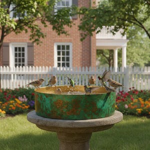 May include: A round bird bath featuring a weathered, verdigris-patinated copper basin with visible rust-coloured oxidation. The basin sits atop a stone-coloured pedestal, filled with water and occupied by several small birds splashing in the water.