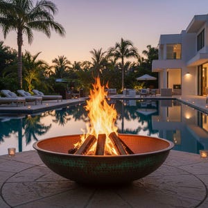 Peut inclure: Un brasero en métal de forme ronde avec un intérieur en cuivre martelé et un extérieur à patine verte vieillie. Le brasero contient des bûches enflammées avec des flammes orange vif, posé sur une terrasse en pierre près d'une piscine.