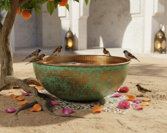 Copper Bird Bath Verdigris Rim | Hammered Garden Bird Bowl | Rustic Outdoor Decor | Handcrafted Patio Bird Feeder