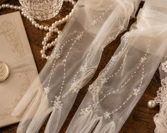 Handmade Ivory Tulle Beaded Bridal Gloves, Bride Accessory