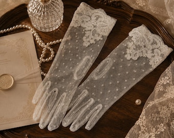 Handmade Embroidery Bridal Gloves, Pearl Beaded Sheer Fine Mesh Wedding Gloves, Floral Lace Elbow Gloves, Vintage Bride Accessory