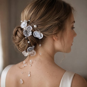 May include: A hair accessory featuring delicate silver-toned wires adorned with translucent, circular, textured discs and small white pearls. The piece includes multiple dangling strands with clear beads that cascade down from the hair bun.