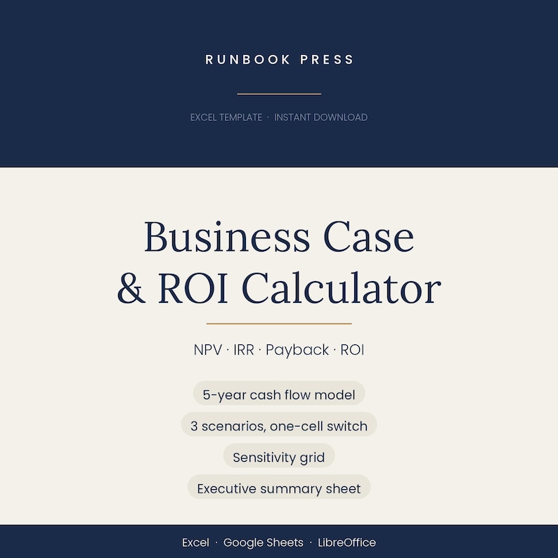 Business Case & ROI-Rechner (Excel-Vorlage) | Kapitalwert- und interner Zinsfuß (NPV/IRR)-Amortisationsrechnung | Projektinvestitionsbewertung (Tabellenkalkulation) | Sofort-Download Bild 1