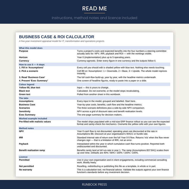 Business Case & ROI-Rechner (Excel-Vorlage) | Kapitalwert- und interner Zinsfuß (NPV/IRR)-Amortisationsrechnung | Projektinvestitionsbewertung (Tabellenkalkulation) | Sofort-Download Bild 7