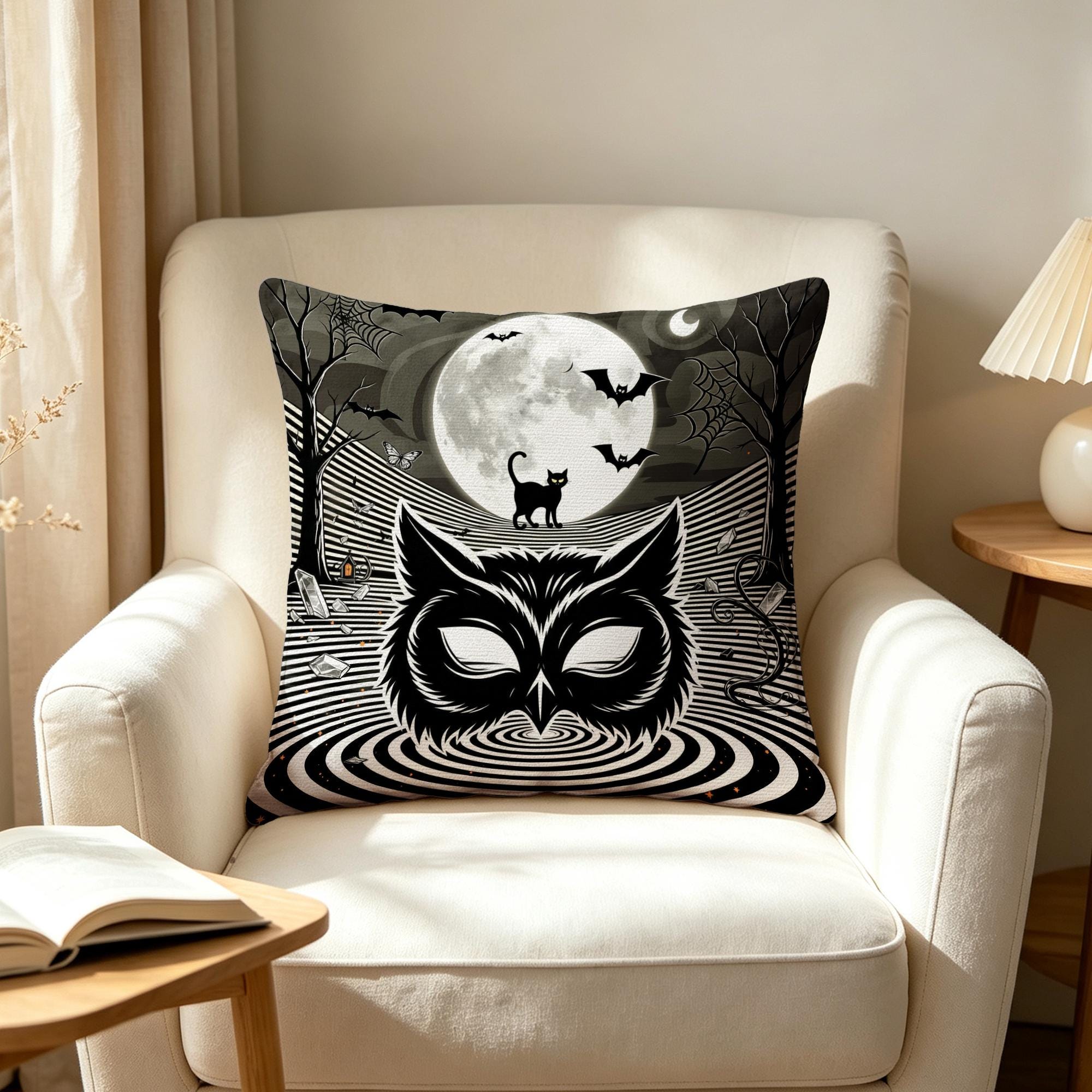 Hypnotic Stripe Pillow Cover:Double‑Sided Owl Mask Black Cat Full Moon (No Insert)