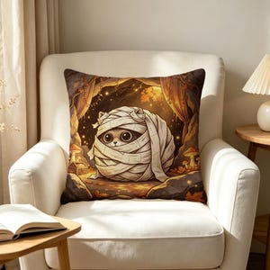 Capas de almofada decorativas com estampa de múmia, gatinho, caverna e tesouro para o Halloween. Design fofo, assustador e aconchegante. Dupla face, sem enchimento.