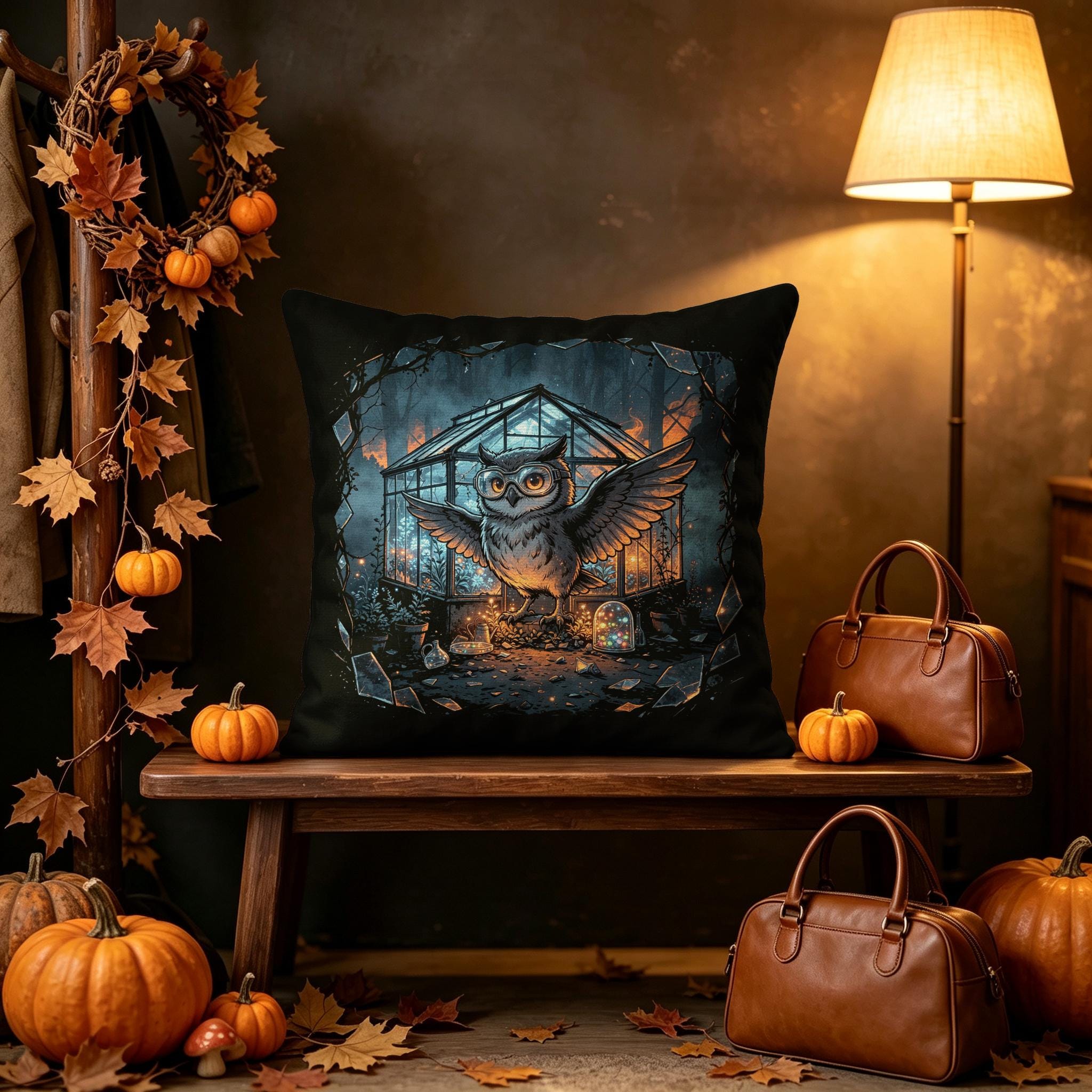 Witch Greenhouse Pillow Cover:Double‑Sided Goggle Owl (No Insert)