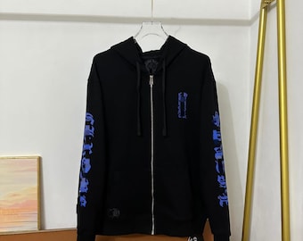 Sweat à capuche zippé noir et bleu à motif graphique | Sweat à capuche unisexe streetwear | Sweat-shirt oversize décontracté