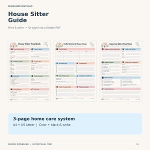 Op de afbeelding: Een driedelige digitale sjablonenset voor een oppasgids met secties voor essentiële zaken, dagelijkse routines, huishoudelijke taken en belangrijke informatie. De pagina's bevatten invulbare velden voor contactgegevens, schema's en instructies voor woningonderhoud in een zacht kleurenpalet.