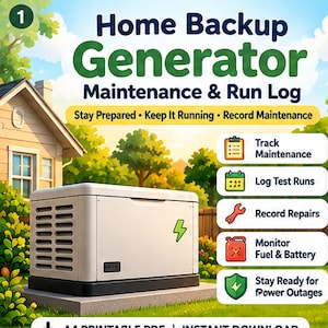 Home Backup Generator Maintenance Log, Test Run & Service Record A4 Printable