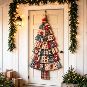 May include: A wall-hanging Christmas tree decoration made of layered fabric patches in red, blue, and cream colours. The tree features sewn-on embellishments including miniature spools of thread, scissors, and small gift boxes, topped with a wooden spool.