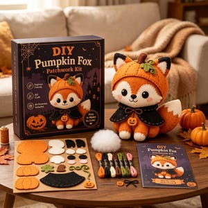 Puede incluir: Un kit de patchwork DIY Pumpkin Fox que incluye una caja negra con el texto DIY Pumpkin Fox, un peluche de zorro de fieltro con gorro de calabaza y capa negra, piezas de fieltro precortadas, hilo de bordar, una aguja y un manual.