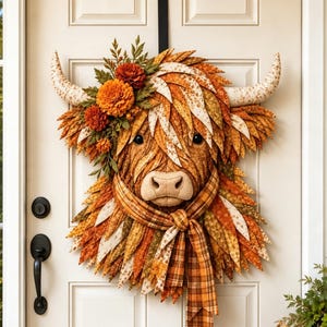 May include: A decorative wall hanging shaped like a Highland cow head, crafted from layered fabric leaves in shades of orange, brown, and cream. The cow features two curved horns, a plaid fabric scarf, and a cluster of orange fabric flowers.