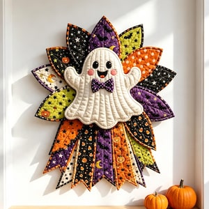 May include: A quilted wall hanging featuring a central white ghost with a purple polka dot bow tie, surrounded by layered fabric petals in orange, purple, and lime green. The petals display patterns of pumpkins, bats, stars, and moons.