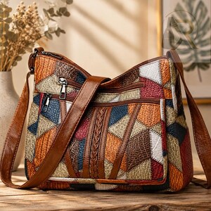 May include: A multi-colored patchwork shoulder bag featuring a textured finish with triangular panels in shades of brown, navy blue, red, and white. The bag includes a brown strap, multiple zippered compartments, and silver-toned metal hardware.