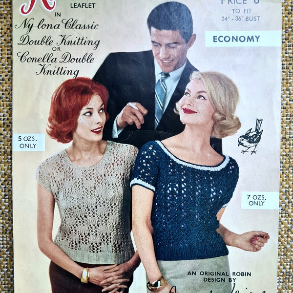Patrón de tejido vintage de la década de 1950 para 2 tops/jerséis de Robin. Tamaño 34-36" Busto ~ Efímera