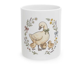Mama Duck with Ducklings Mug | Floral Wreath Ceramic Mug