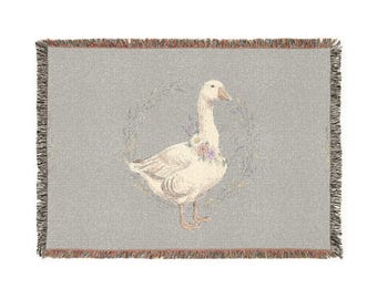 Weiße Gänse-Kranzdecke | Gewebte Tagesdecke mit Entenmotiv im Landhausstil