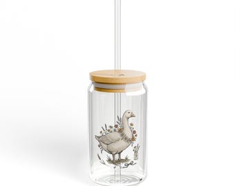 Trinkglas mit Blumen-Gänse-Illustration | 473 ml Strohhalmbecher