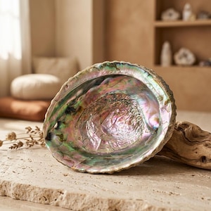 Könnte beinhalten: Eine irisierende Abalone-Muschel mit einem polierten, gewirbelten Inneren in leuchtenden Rosa-, Grün- und Violetttönen. Die Muschel hat einen natürlichen, strukturierten Außenrand und ist schräg positioniert, was ihre reflektierende Oberfläche zeigt.