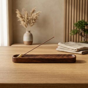 Wooden Incense Holder Tray, Long Wood Incense Stick Ash Catcher with Brass Insert, Minimalist Zen Home Decor, Unique Housewarming Gift