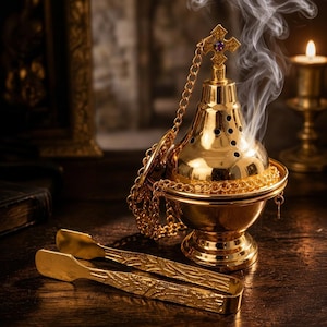Pode incluir: Um queimador de incenso de metal dourado polido com tampa em cúpula, orifícios perfurados e um remate em forma de cruz com uma pequena pedra roxa. Uma corrente dourada está presa ao queimador, acompanhada por pinças de metal dourado gravadas.
