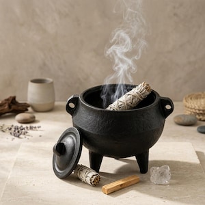 Puede incluir: Un caldero de hierro fundido negro con tres patas y dos asas laterales, con una tapa a juego apoyada al lado. Un atado de salvia blanca encendido está dentro del caldero, emitiendo un hilo de humo, junto a otro atado de salvia y un palo de madera.
