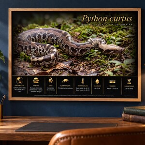 Puede incluir: Un p&oacute;ster educativo enmarcado que muestra una serpiente Python curtus sobre el suelo de un bosque. La impresi&oacute;n incluye el nombre cient&iacute;fico, el nombre com&uacute;n y un panel informativo negro con iconos y texto dorado sobre h&aacute;bitat y datos.