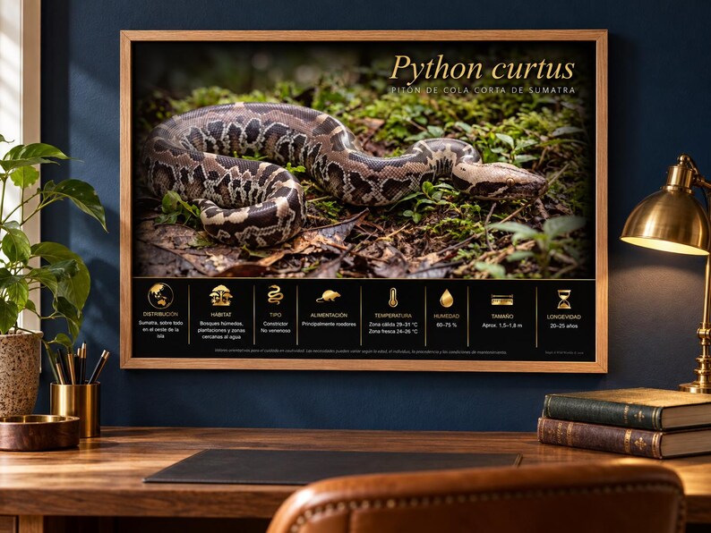Puede incluir: Un p&oacute;ster educativo enmarcado que muestra una serpiente Python curtus sobre el suelo de un bosque. La impresi&oacute;n incluye el nombre cient&iacute;fico, el nombre com&uacute;n y un panel informativo negro con iconos y texto dorado sobre h&aacute;bitat y datos.