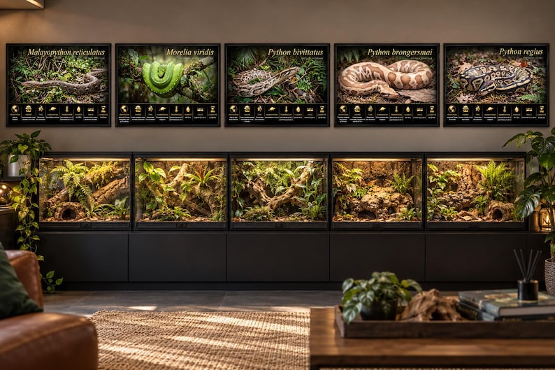 Puede incluir: Cinco p&oacute;steres rectangulares de pared con especies de serpientes etiquetadas como Malayopython reticulatus, Morelia viridis, Python bivittatus, Python brongersmai y Python regius, situados sobre cinco terrarios de cristal con plantas.