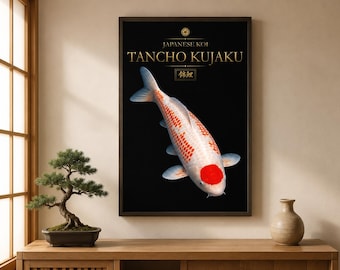 Tancho Kujaku Koi Print, Japanese Fish Wall Art, Black White Poster (Digital Download)