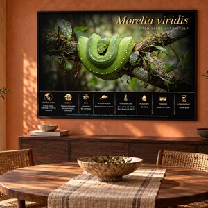 Op de afbeelding: Een ingelijste wandkunstprint met een felgroene Morelia viridis slang die om een boomtak is gekruld. De print bevat de wetenschappelijke naam, de algemene naam en een zwart informatiepaneel onderaan met gouden iconen en tekst over habitat, dieet, temperatuur, vochtigheid, grootte en levensduur.