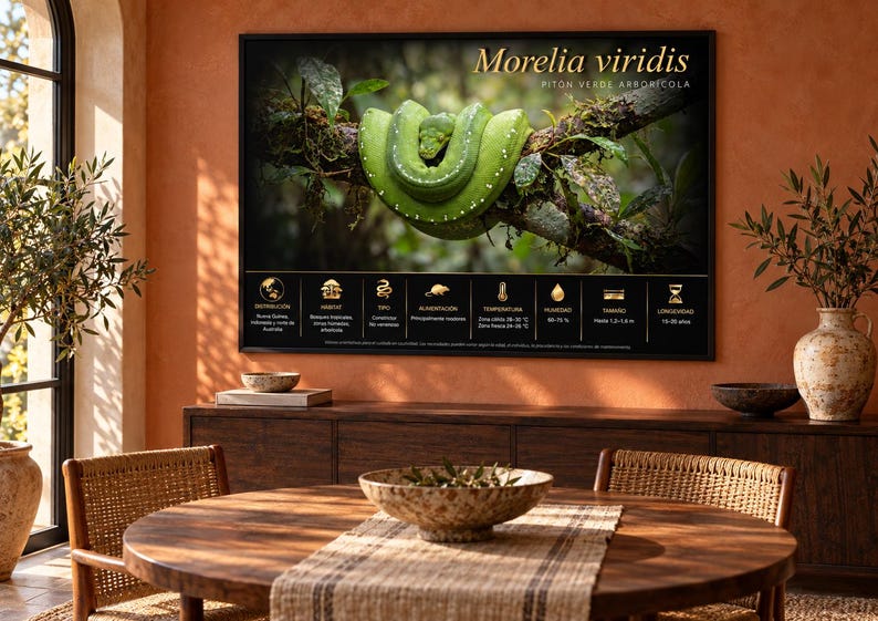 Op de afbeelding: Een ingelijste wandkunstprint met een felgroene Morelia viridis slang die om een boomtak is gekruld. De print bevat de wetenschappelijke naam, de algemene naam en een zwart informatiepaneel onderaan met gouden iconen en tekst over habitat, dieet, temperatuur, vochtigheid, grootte en levensduur.