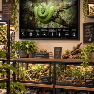 May include: A retail display featuring a large framed educational poster of a green Morelia viridis snake, two glass terrariums with naturalistic setups, stacked books, and bags of substrate on wooden shelves with black metal frames.