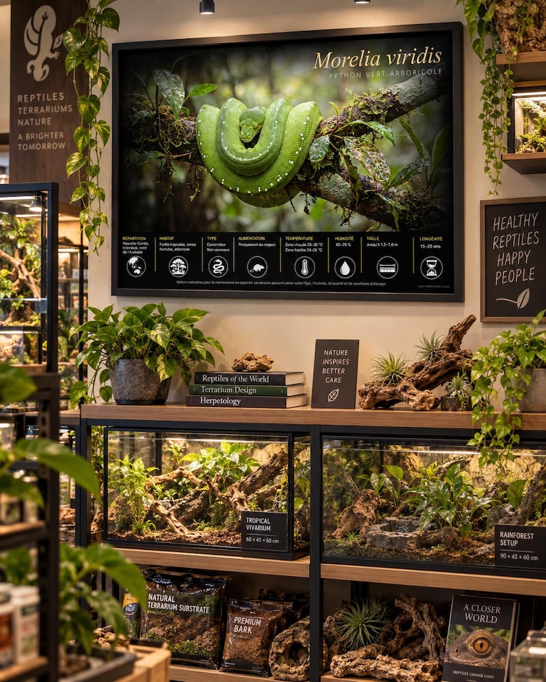 May include: A retail display featuring a large framed educational poster of a green Morelia viridis snake, two glass terrariums with naturalistic setups, stacked books, and bags of substrate on wooden shelves with black metal frames.