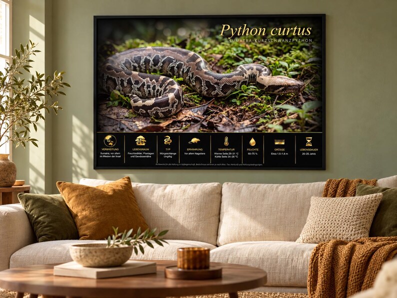 Puede incluir: Una impresi&oacute;n de arte mural enmarcada que muestra una serpiente Python curtus en el suelo de un bosque. El texto superior dice Python curtus y Sumatra Kurzschwanzpython. Debajo, un panel negro muestra ocho iconos dorados con texto en alem&aacute;n.