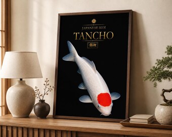 Tancho Koi Japanese Art Print, Black and White Fish Poster (Digital Download)