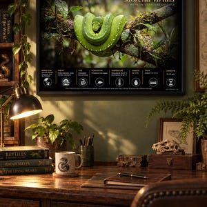 May include: A framed educational poster featuring a bright green Morelia viridis snake coiled on a tree branch. The poster includes scientific text, habitat, diet, and temperature data in French. It is displayed on a wall above a wooden desk.