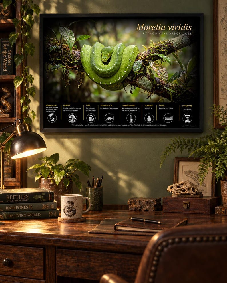 May include: A framed educational poster featuring a bright green Morelia viridis snake coiled on a tree branch. The poster includes scientific text, habitat, diet, and temperature data in French. It is displayed on a wall above a wooden desk.