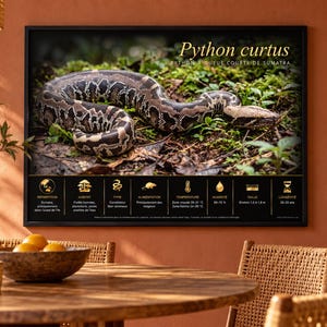 Puede incluir: Un p&oacute;ster de pared rectangular que presenta una fotograf&iacute;a de una serpiente Python curtus en el suelo de un bosque. Debajo de la imagen, una secci&oacute;n negra muestra iconos y texto dorados que detallan el h&aacute;bitat, la dieta, la temperatura y el tama&ntilde;o.
