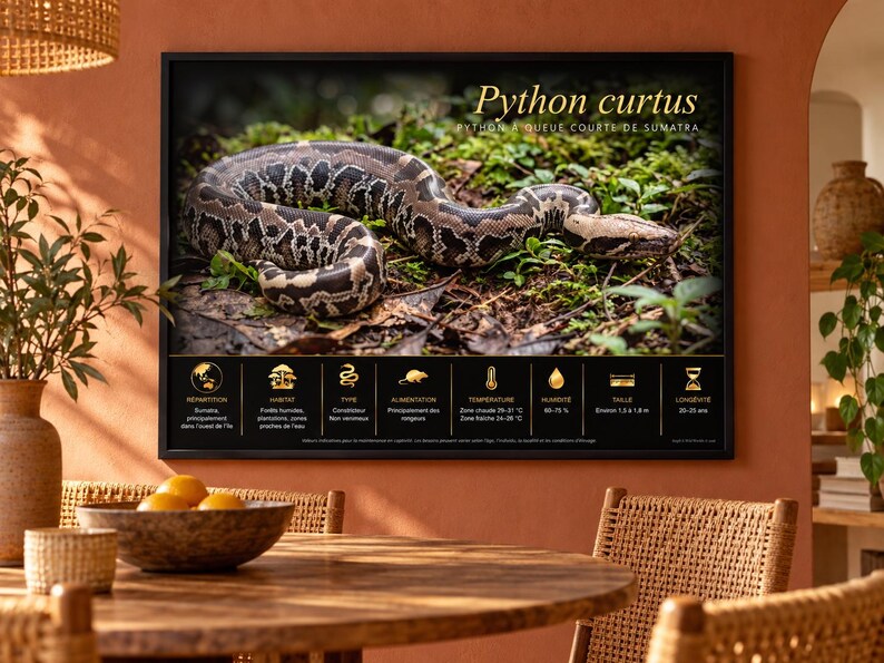 Puede incluir: Un p&oacute;ster de pared rectangular que presenta una fotograf&iacute;a de una serpiente Python curtus en el suelo de un bosque. Debajo de la imagen, una secci&oacute;n negra muestra iconos y texto dorados que detallan el h&aacute;bitat, la dieta, la temperatura y el tama&ntilde;o.
