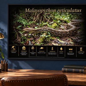 May include: A framed educational poster featuring a Malayopython reticulatus snake in a forest habitat. The top displays the scientific name in gold text. The bottom section includes gold icons and German text detailing habitat, diet, and size.